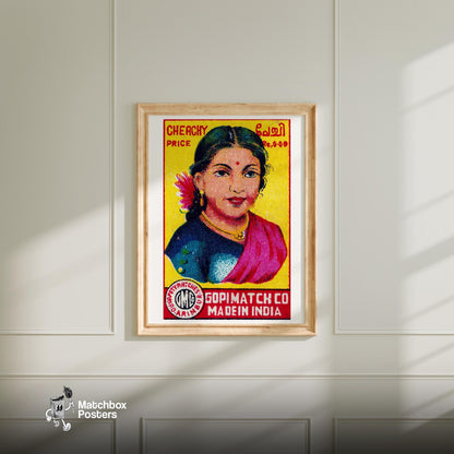 Indian Woman - vintage matchbox label print - bedroom mockup