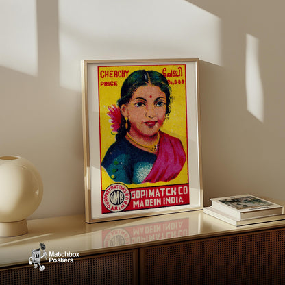Indian Woman - vintage matchbox label print - size comparison