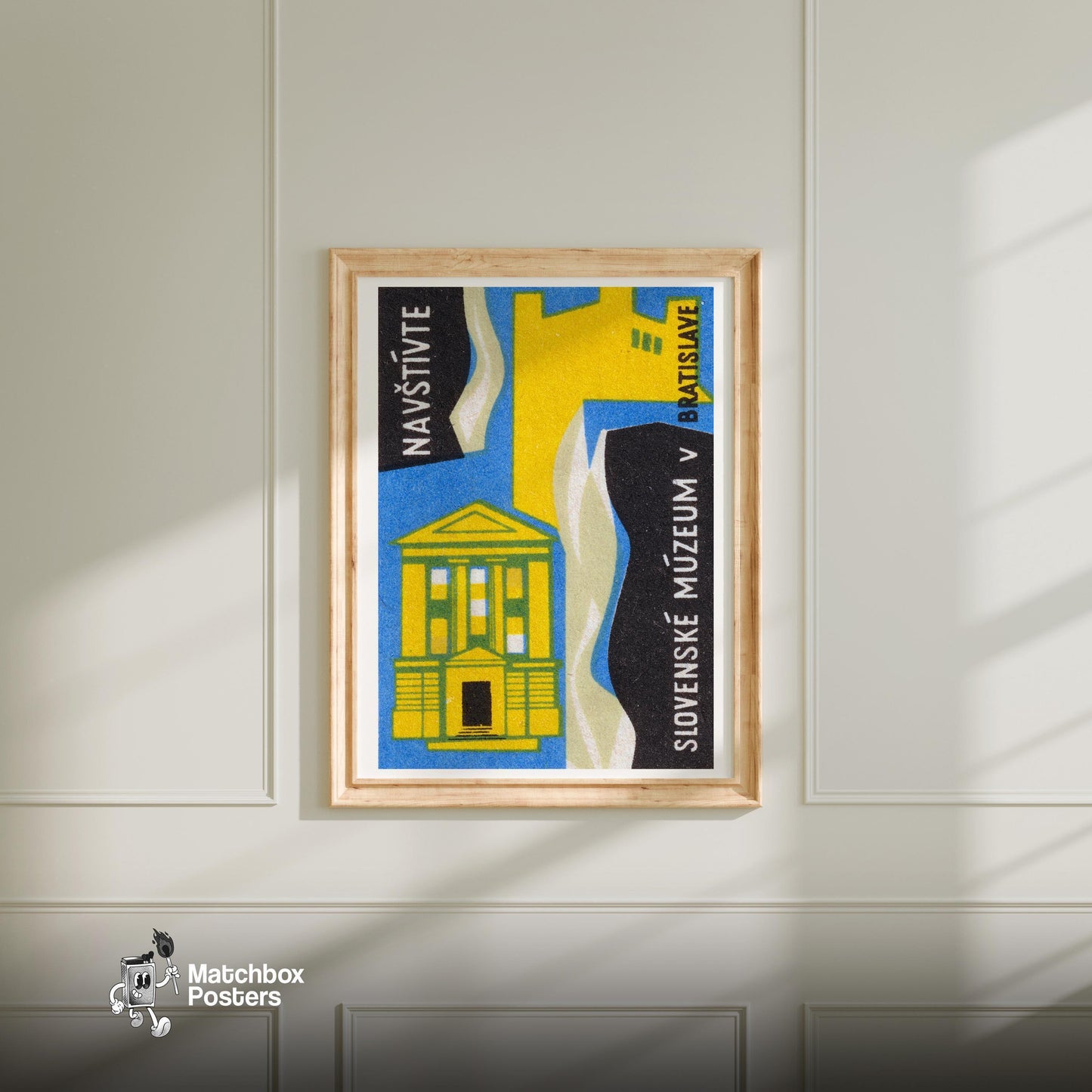 Slovak Museum - vintage matchbox label print - bedroom mockup