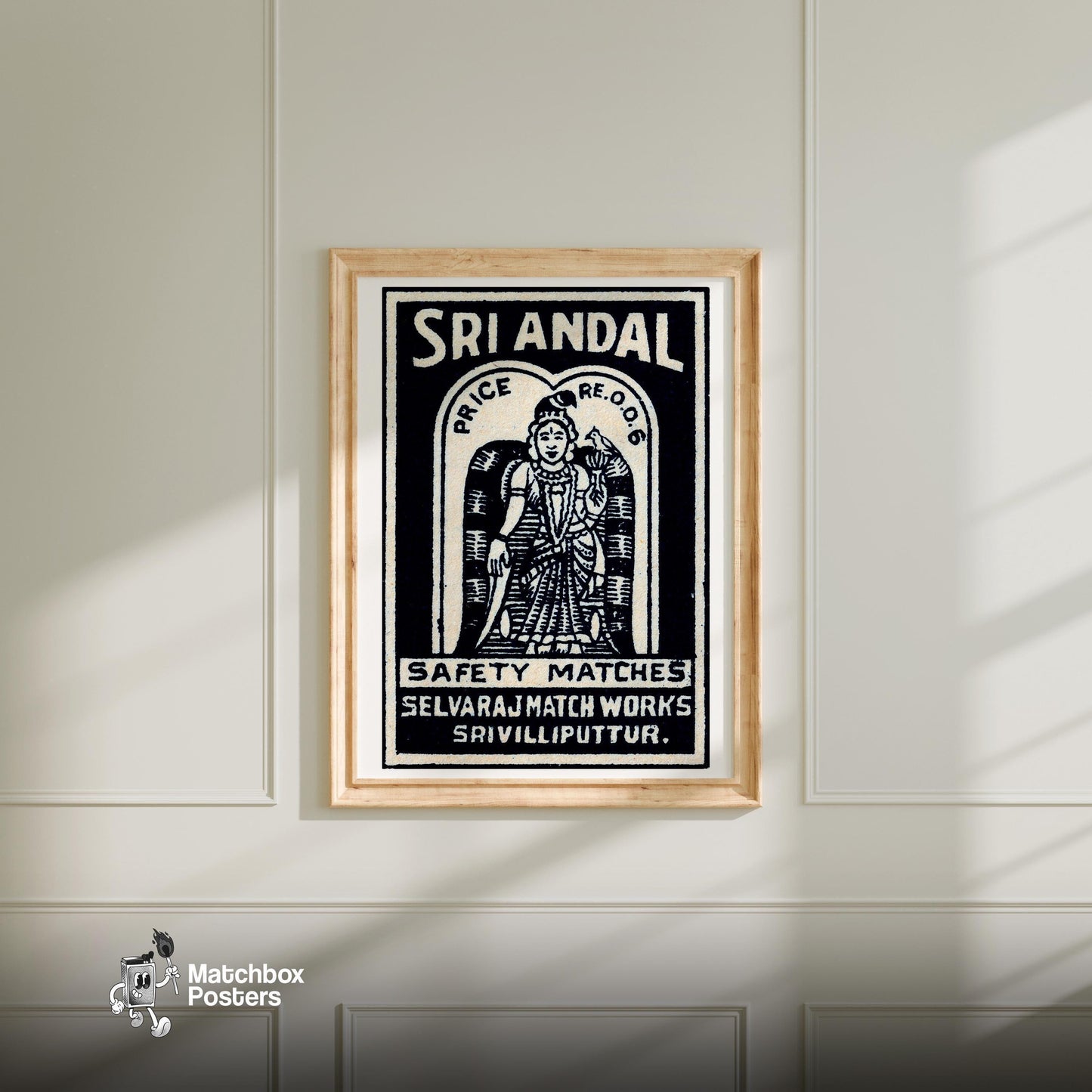 Indian Goddess with Bird - vintage matchbox label print - bedroom mockup