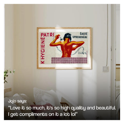 Woman Showering - vintage matchbox label print - living room mockup