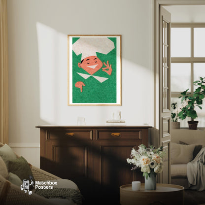 Smiling Chef - vintage matchbox label print - living room mockup