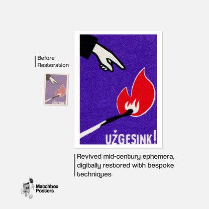 Hand Pointing at Flame - vintage matchbox label print - framed wall art preview