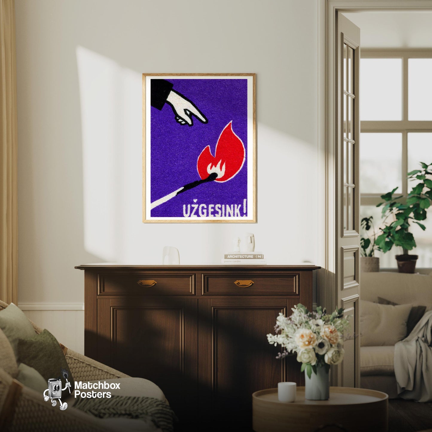 Hand Pointing at Flame - vintage matchbox label print - living room mockup