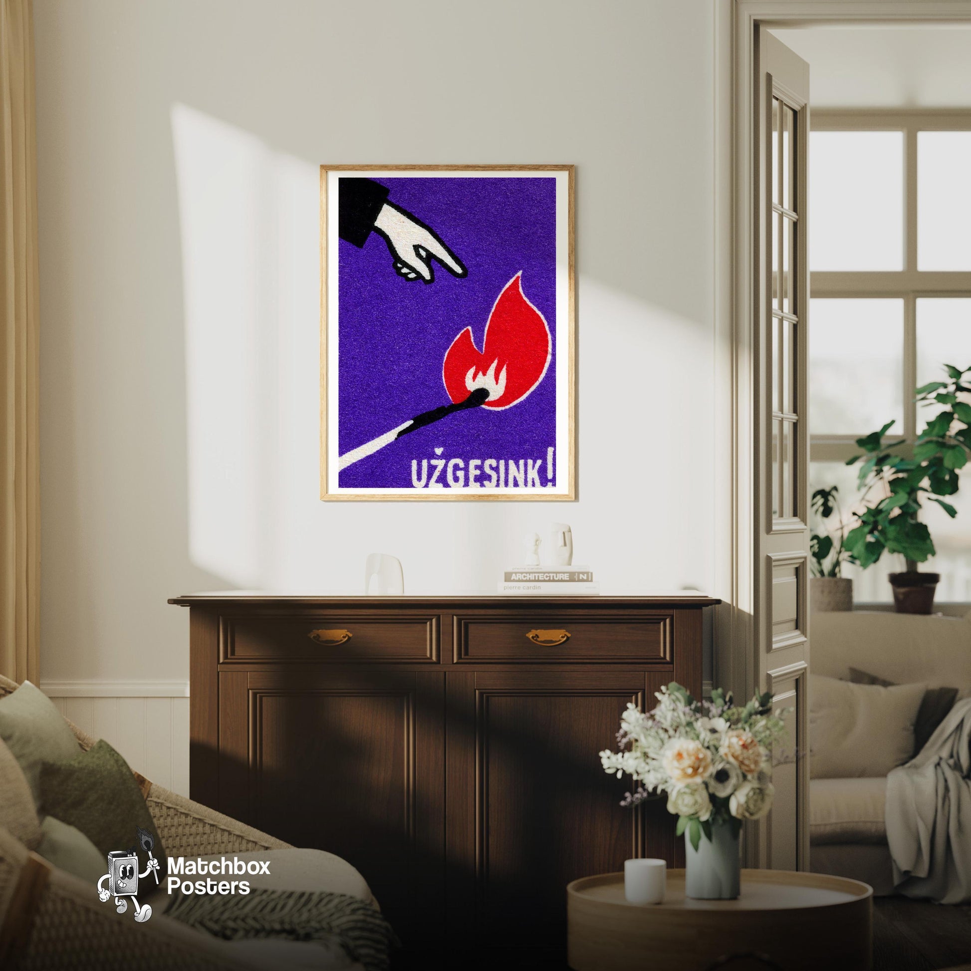 Hand Pointing at Flame - vintage matchbox label print - living room mockup