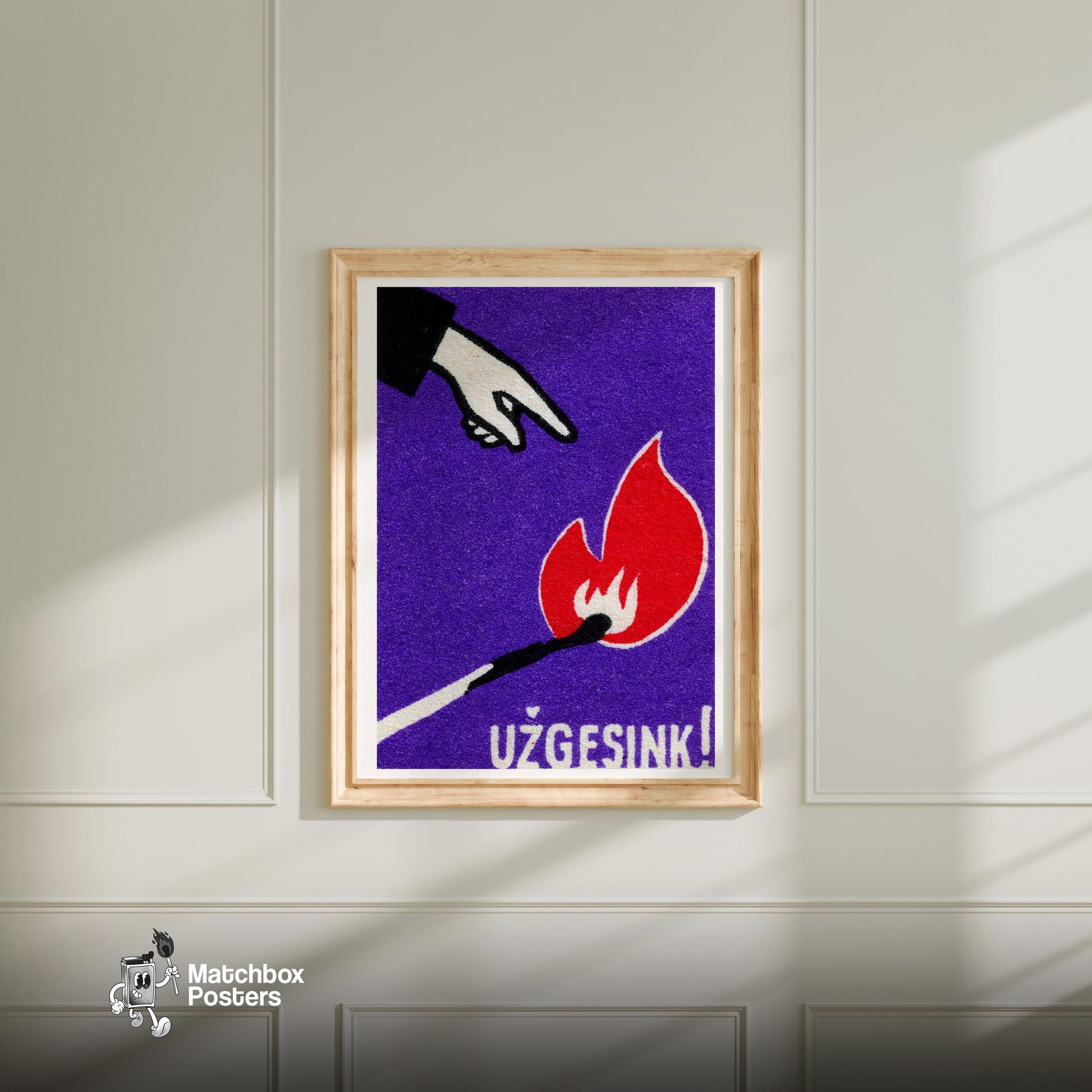 Hand Pointing at Flame - vintage matchbox label print - bedroom mockup