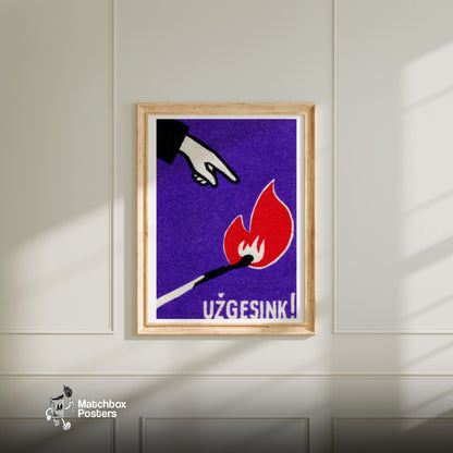 Hand Pointing at Flame - vintage matchbox label print - bedroom mockup
