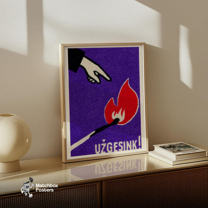 Hand Pointing at Flame - vintage matchbox label print - size comparison