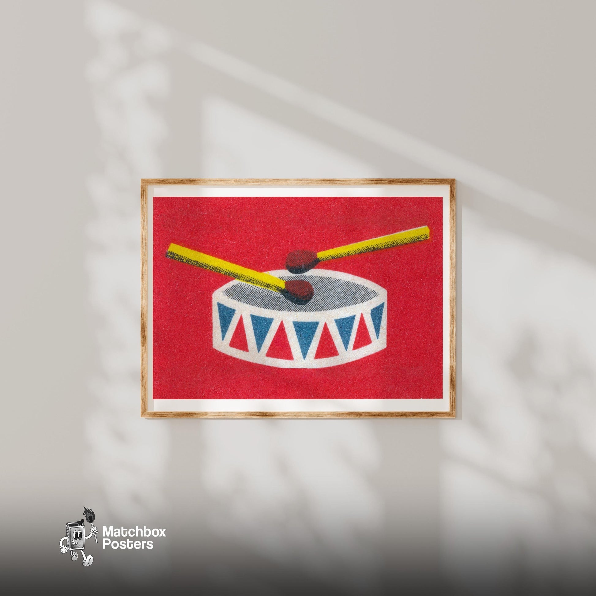 Drum Matchbox Wall Poster - vintage matchbox label print - bedroom mockup