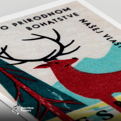 Stag in Forest - vintage matchbox label print - close-up detail