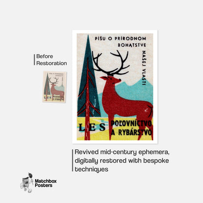Stag in Forest - vintage matchbox label print - framed wall art preview
