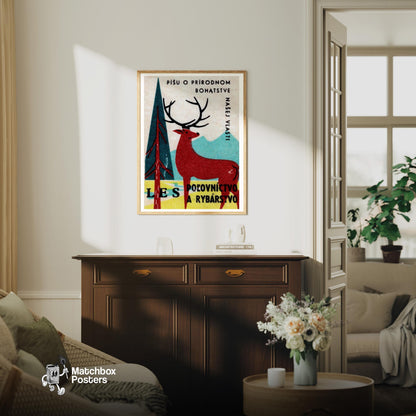 Stag in Forest - vintage matchbox label print - living room mockup
