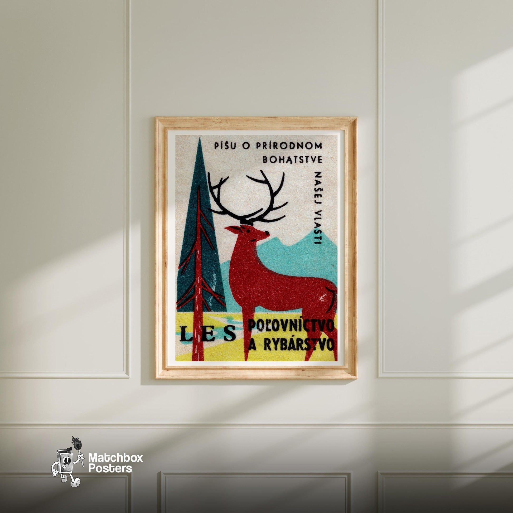 Stag in Forest - vintage matchbox label print - bedroom mockup