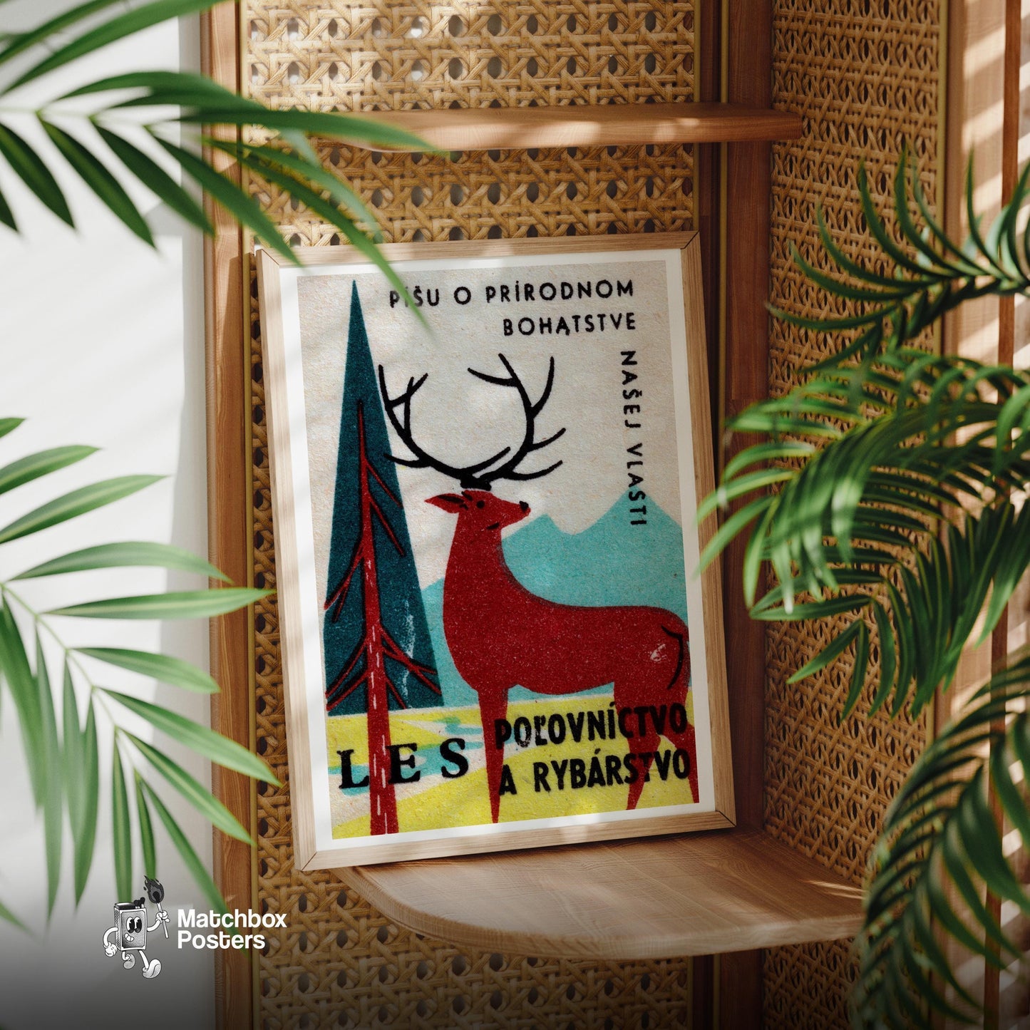 Stag in Forest - vintage matchbox label print - office wall