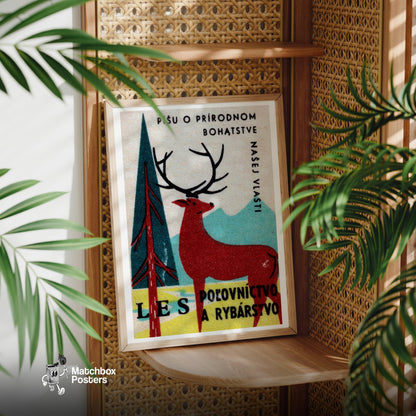 Stag in Forest - vintage matchbox label print - office wall
