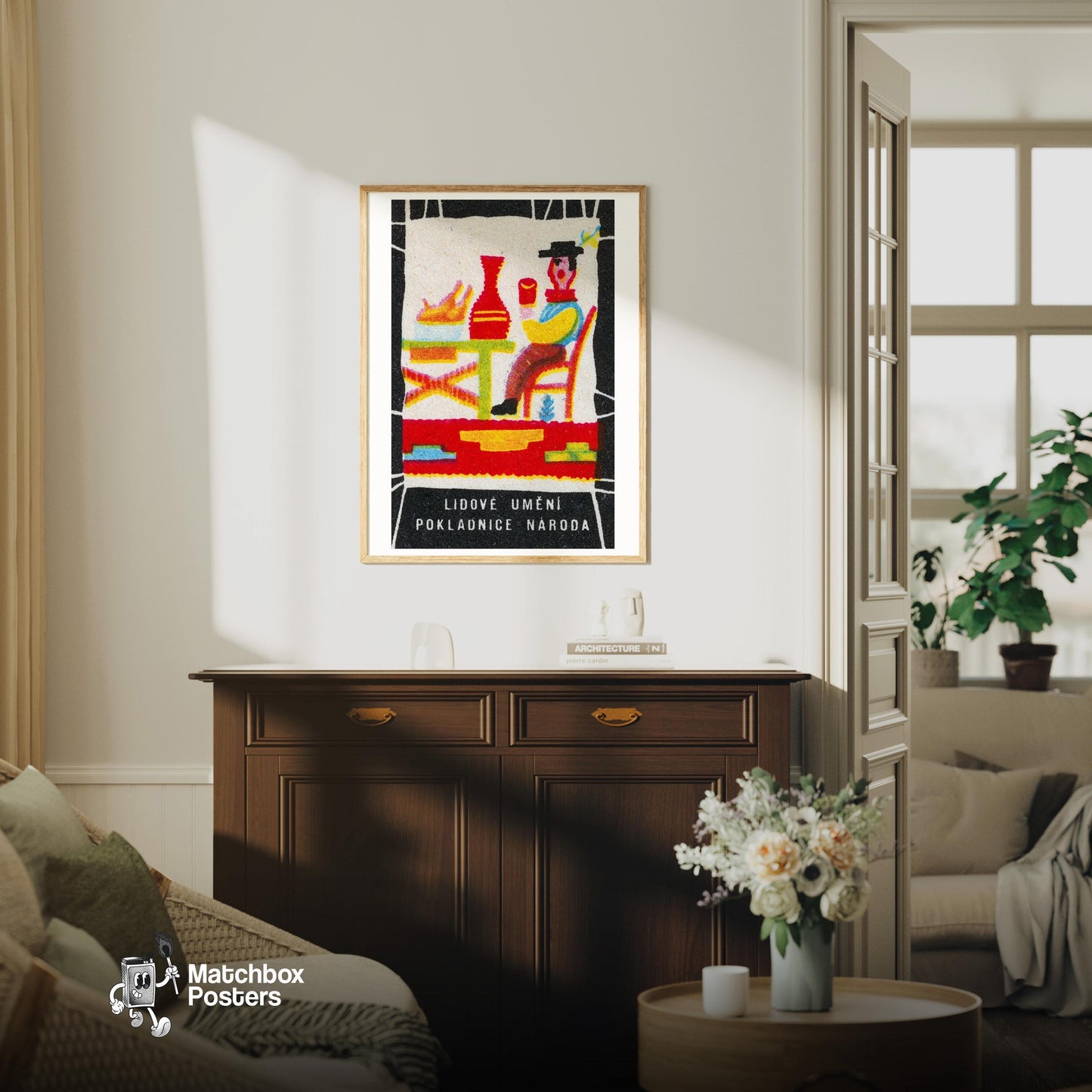 Stylized Folk Art Figure - vintage matchbox label print - living room mockup