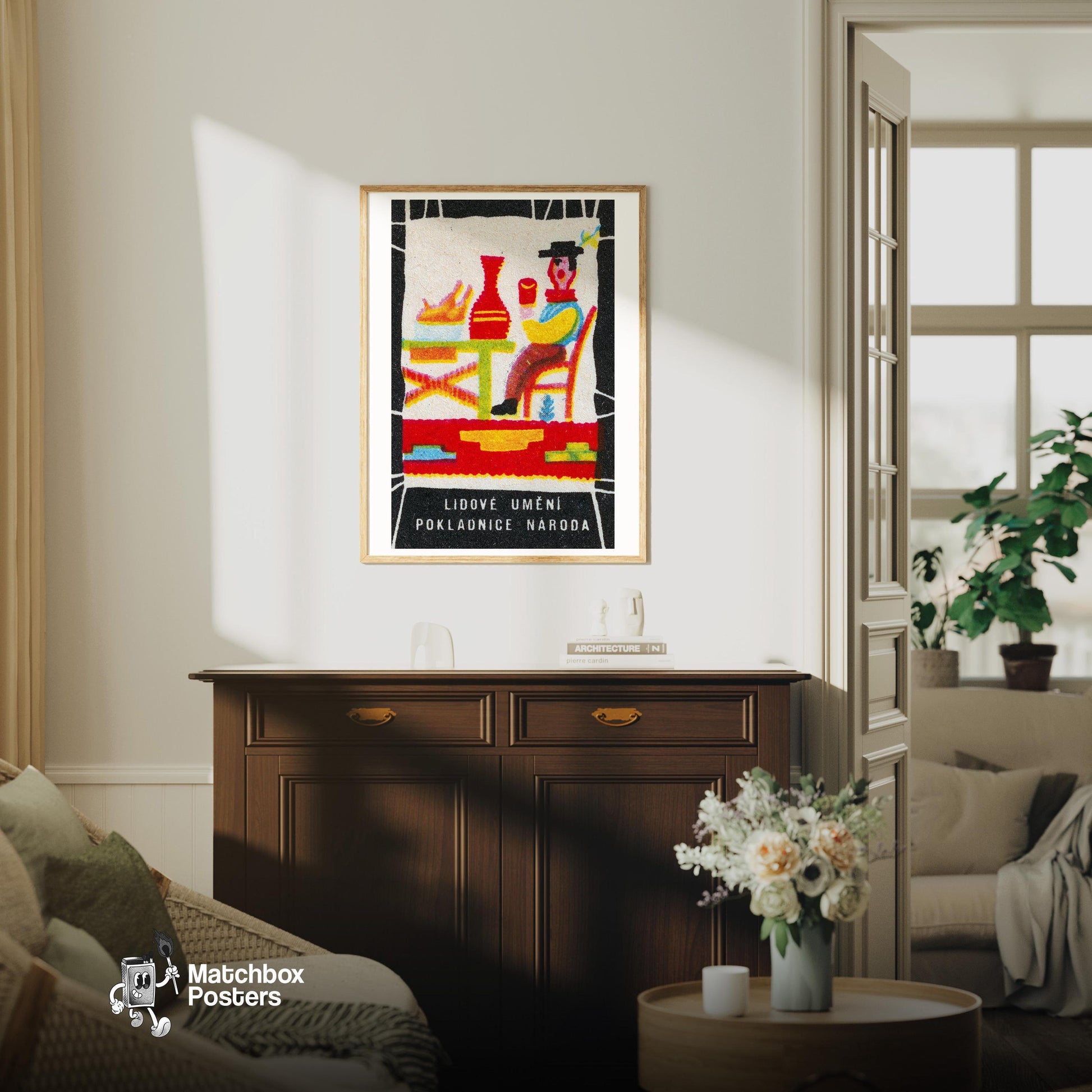 Stylized Folk Art Figure - vintage matchbox label print - living room mockup