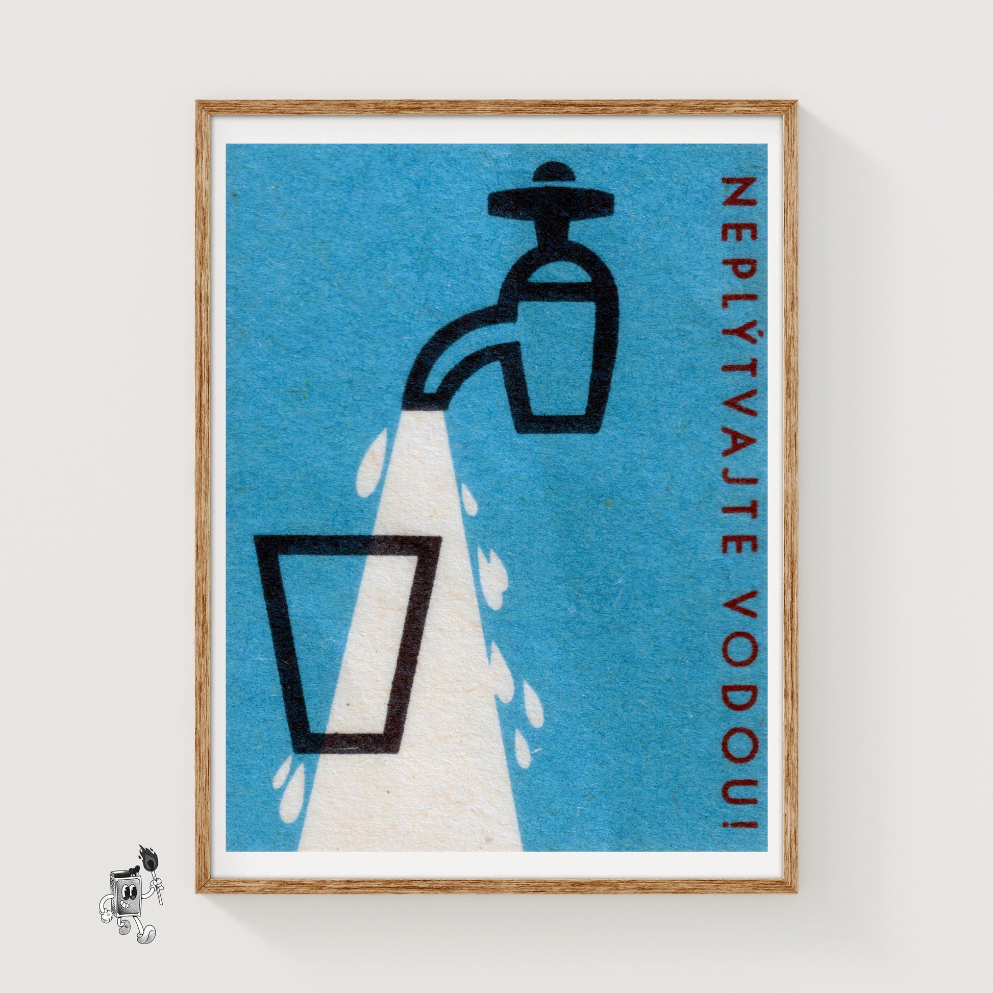 Tap Pouring Glass of Water - vintage matchbox label print
