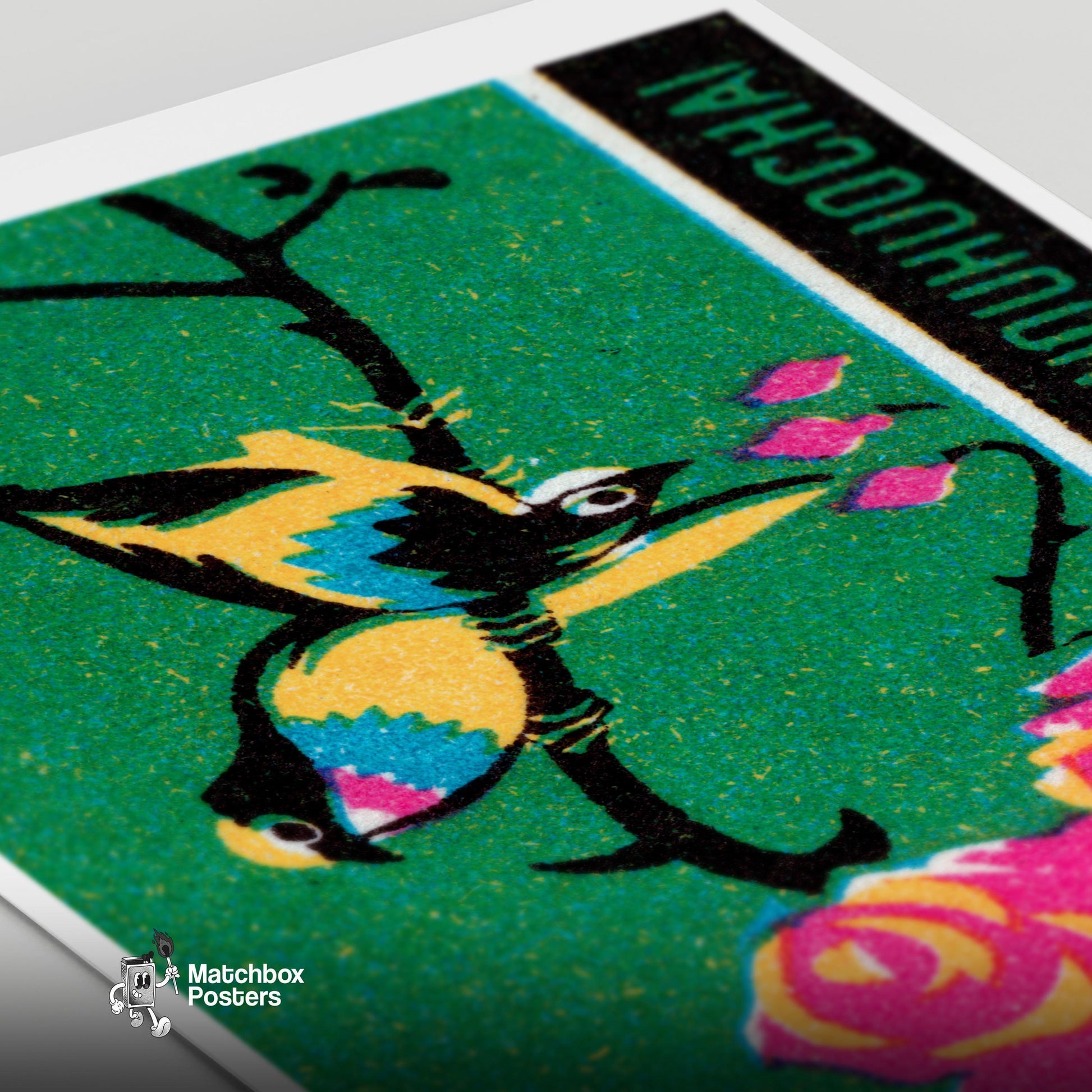 Two Colorful Birds - vintage matchbox label print - close-up detail