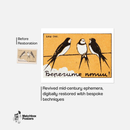 Three Swallows - vintage matchbox label print - framed wall art preview