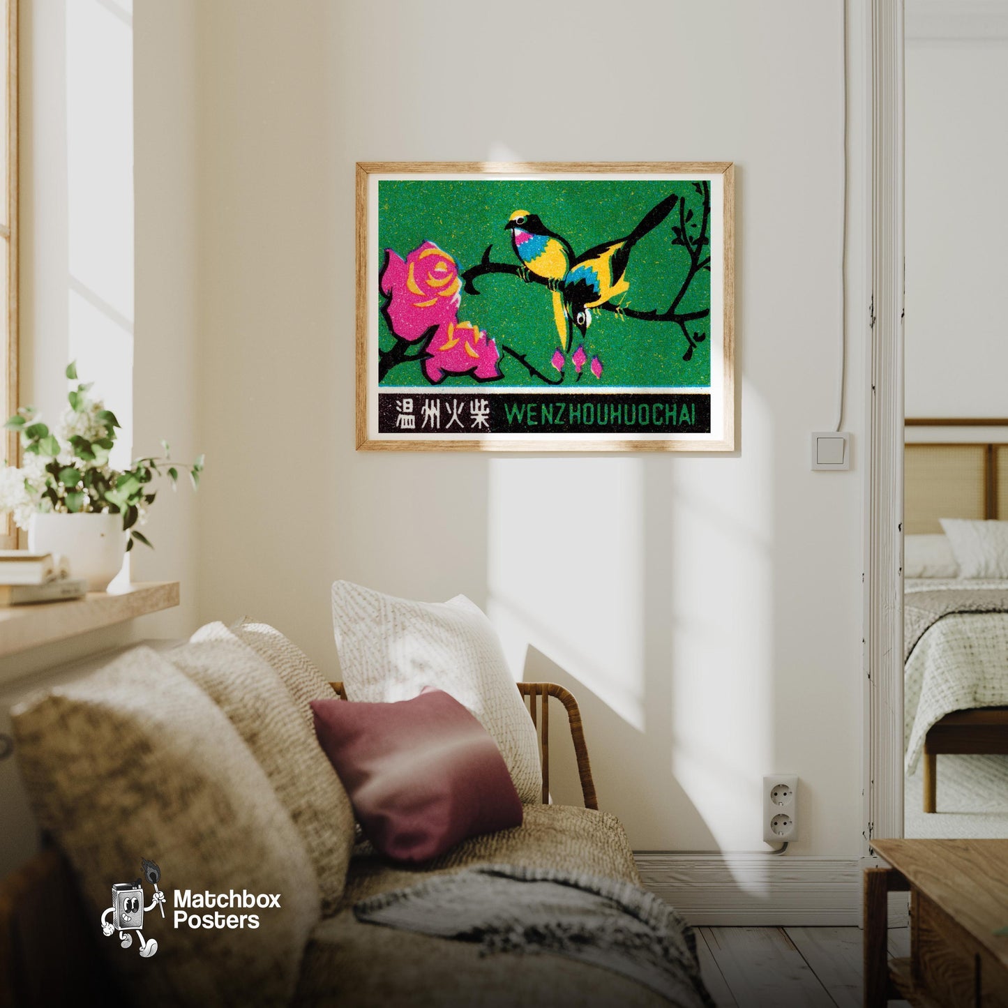 Two Colorful Birds - vintage matchbox label print - living room mockup