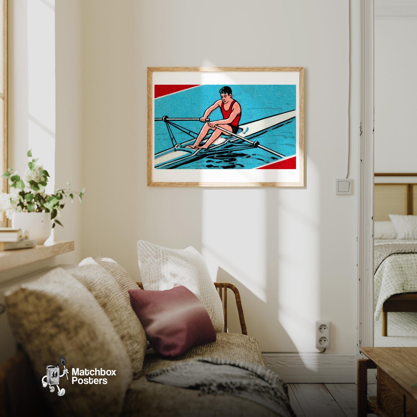 Rowing Man - vintage matchbox label print - living room mockup