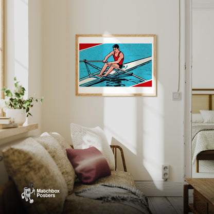 Rowing Man - vintage matchbox label print - living room mockup