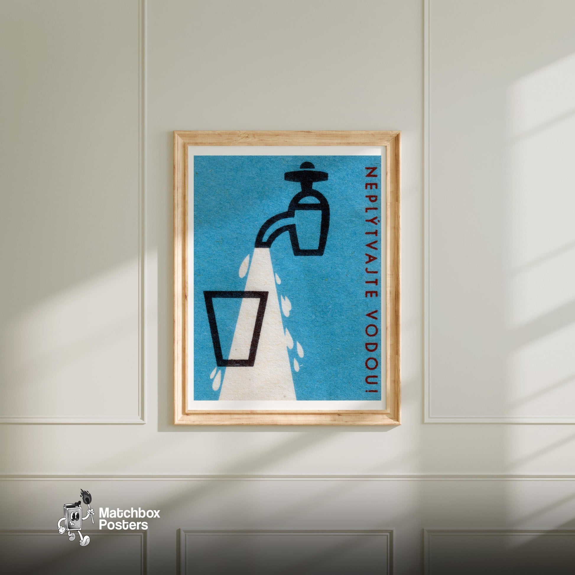 Tap Pouring Glass of Water - vintage matchbox label print - bedroom mockup