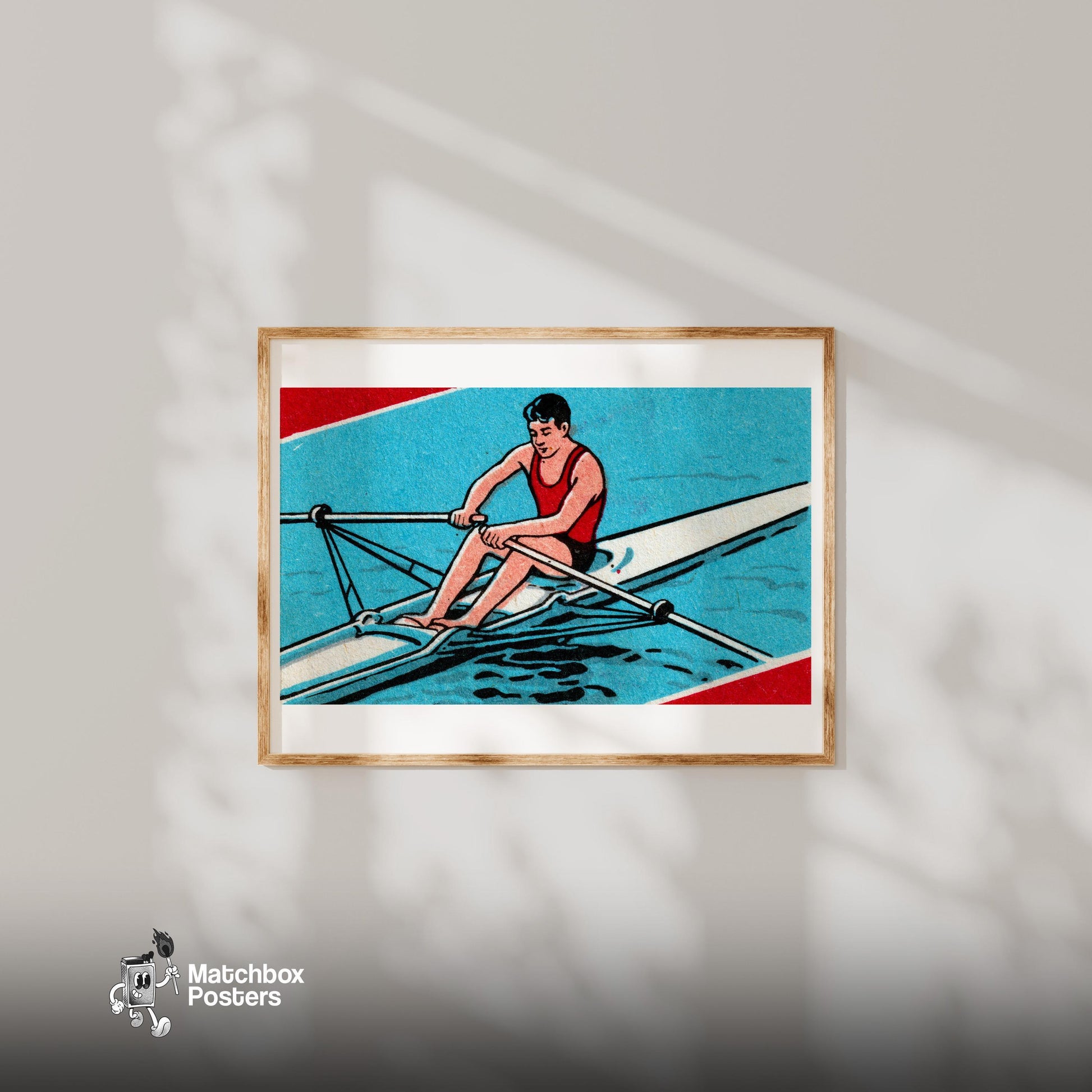 Rowing Man - vintage matchbox label print - bedroom mockup