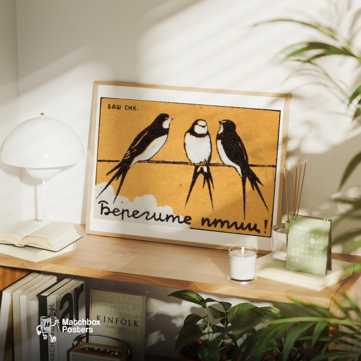 Three Swallows - vintage matchbox label print - office wall