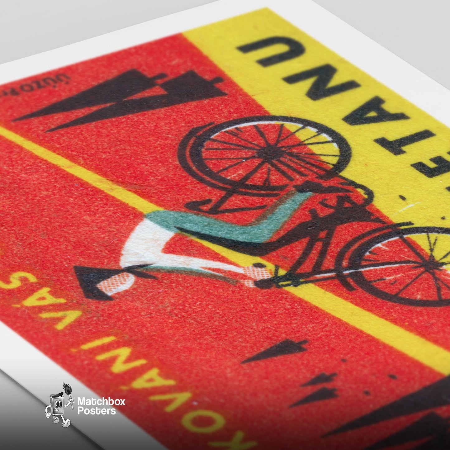 Cyclist in Forest - vintage matchbox label print - close-up detail