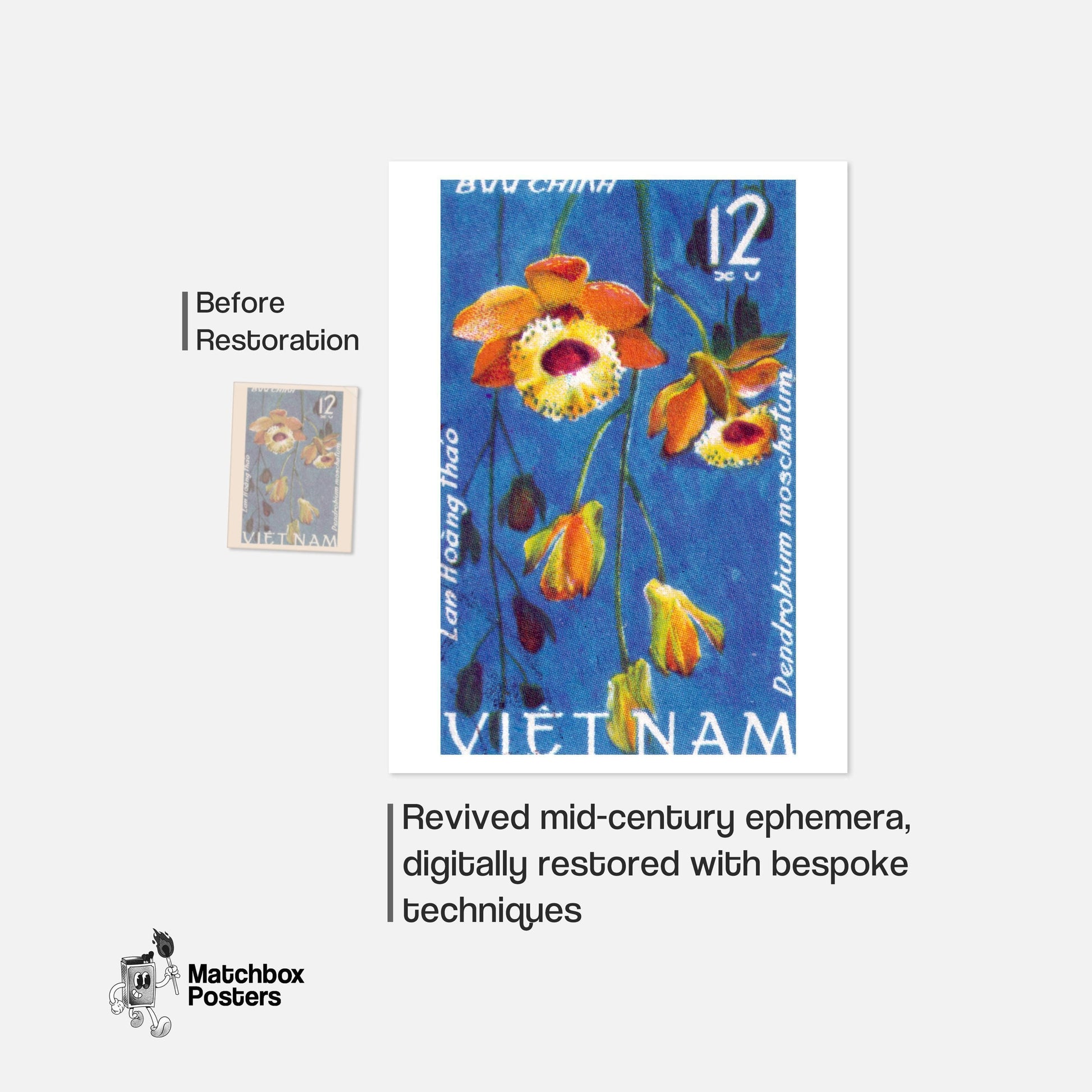 Orange Flowers Postage Stamp Print - vintage matchbox label print - framed wall art preview