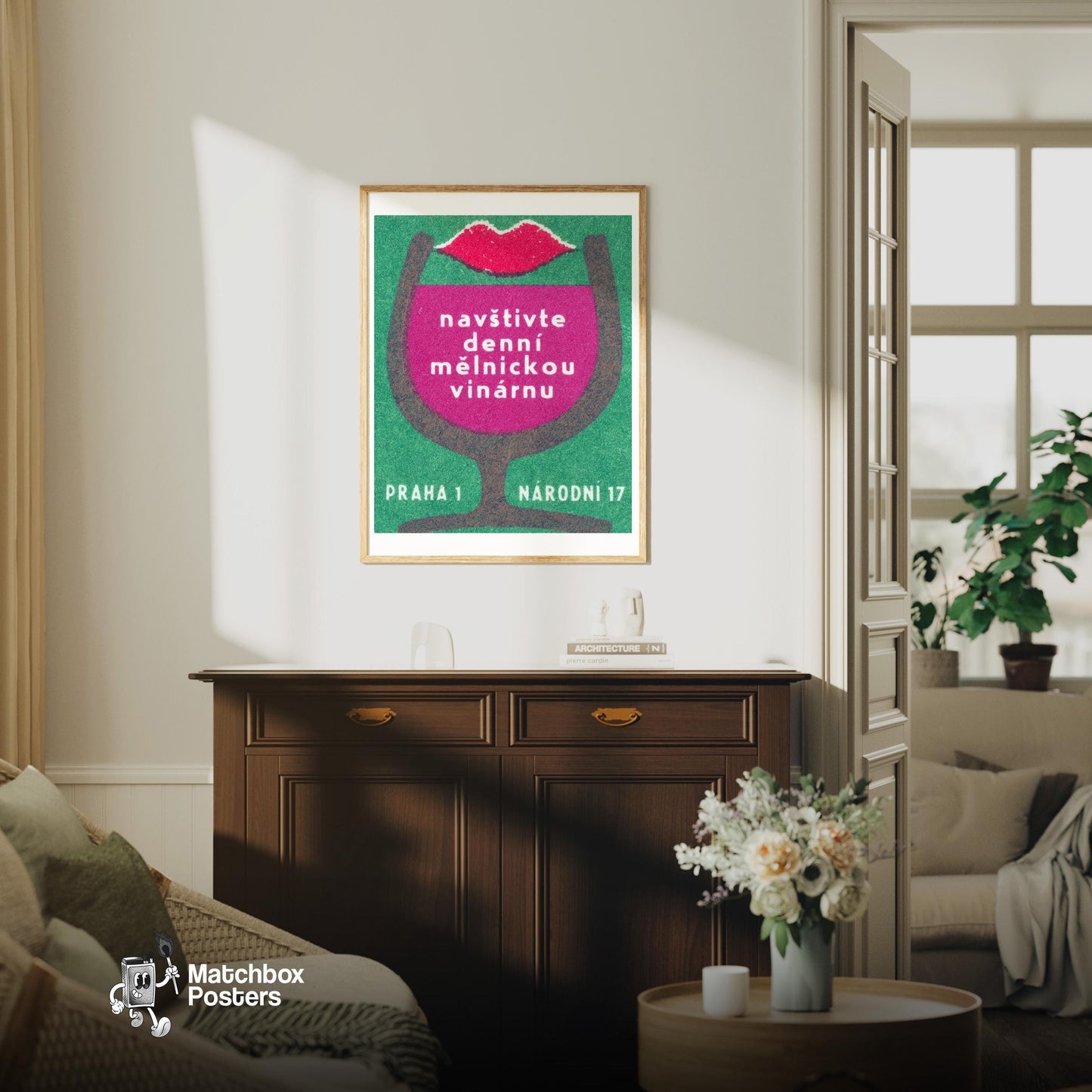 Wine Bar - vintage matchbox label print - living room mockup