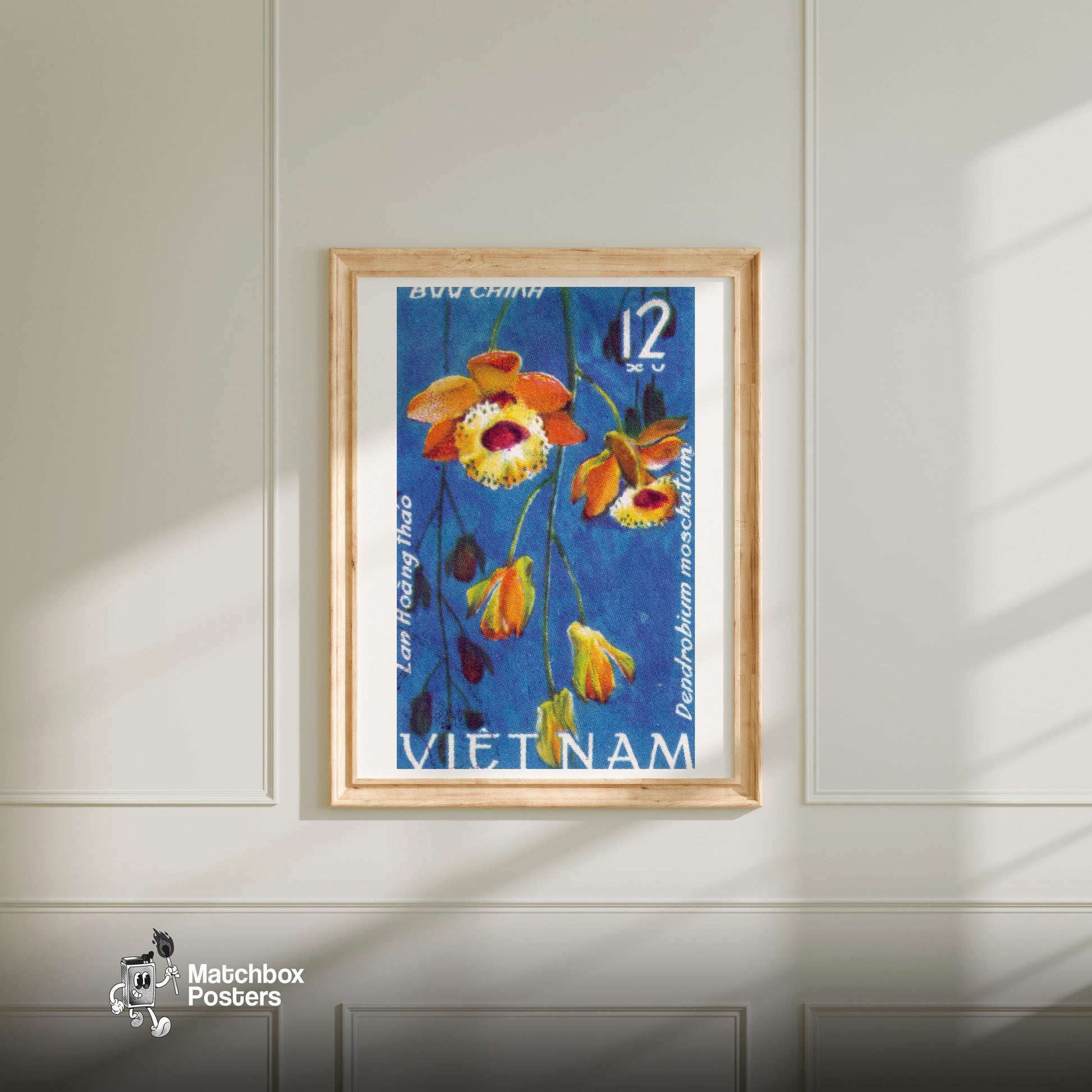 Orange Flowers Postage Stamp Print - vintage matchbox label print - bedroom mockup