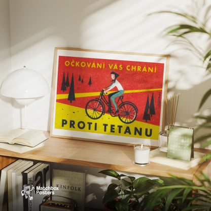 Cyclist in Forest - vintage matchbox label print - office wall