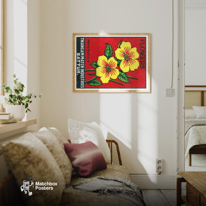 Yellow Flowers - vintage matchbox label print - living room mockup