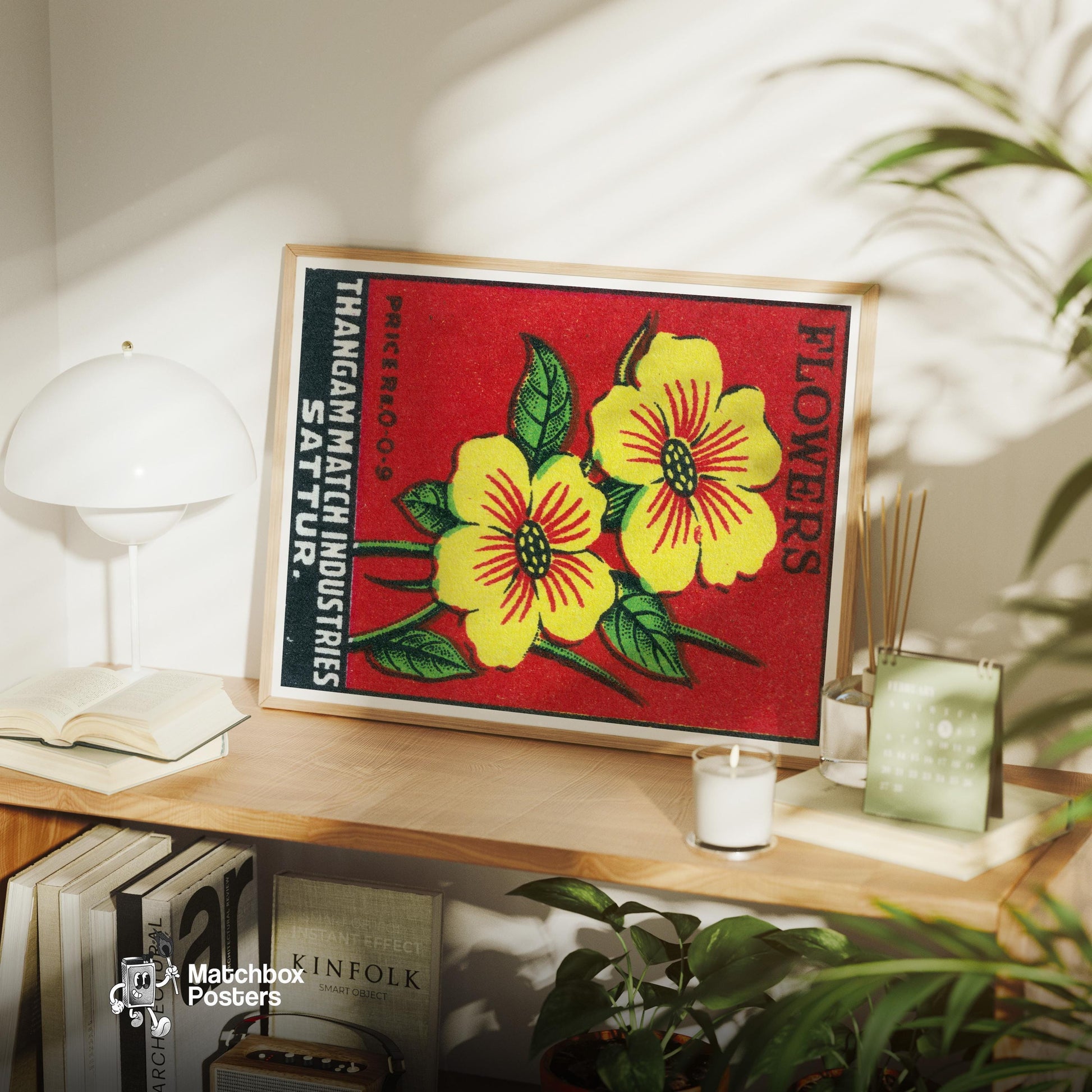 Yellow Flowers - vintage matchbox label print - office wall