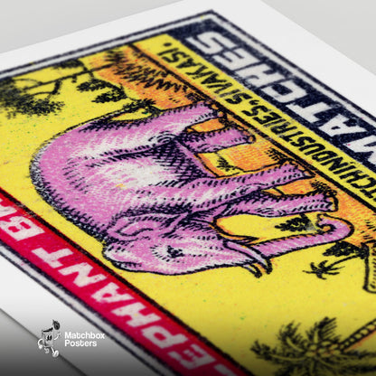 Pink Elephant - vintage matchbox label print - close-up detail