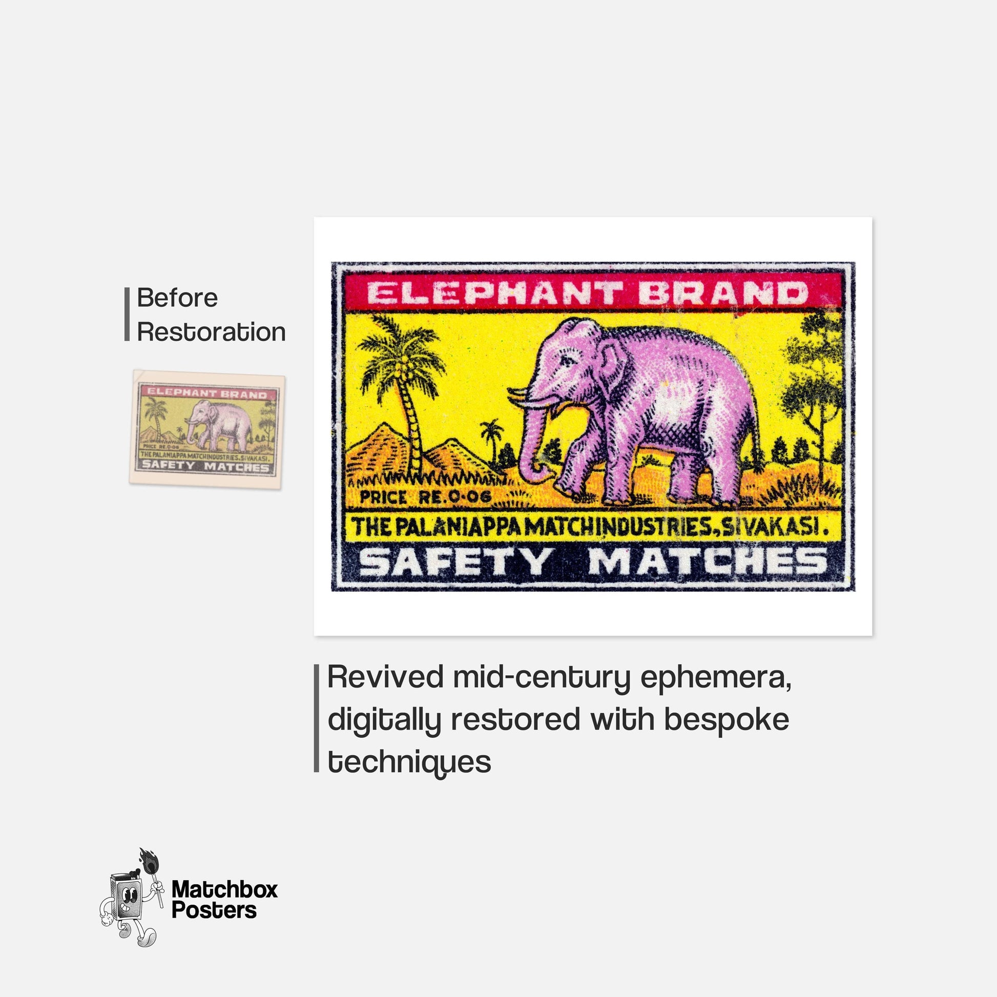 Pink Elephant - vintage matchbox label print - framed wall art preview