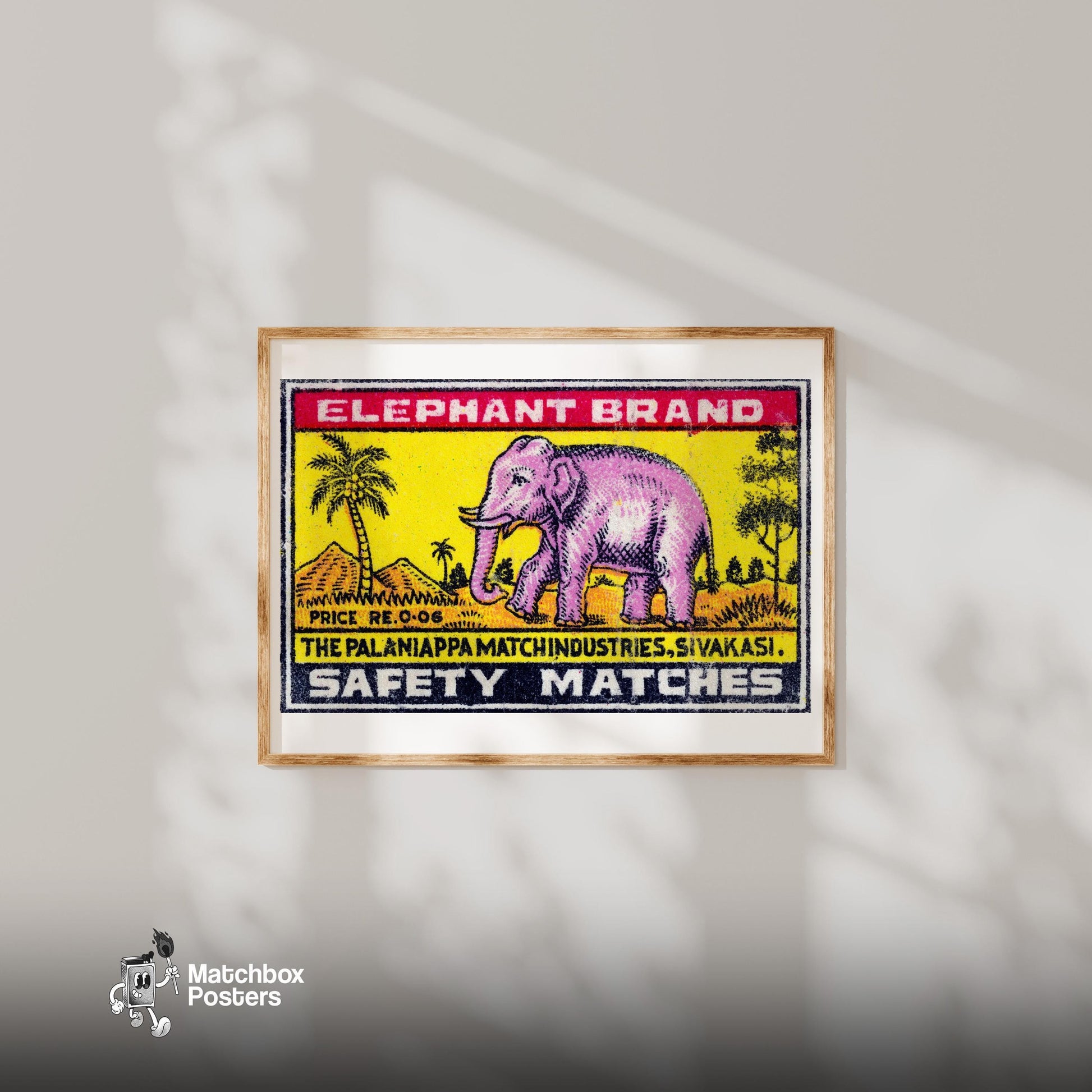 Pink Elephant - vintage matchbox label print - bedroom mockup