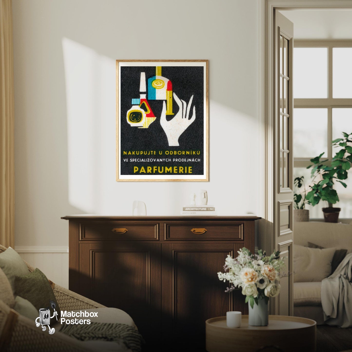 Stylized Hand Holding A Perfume Bottle - vintage matchbox label print - living room mockup