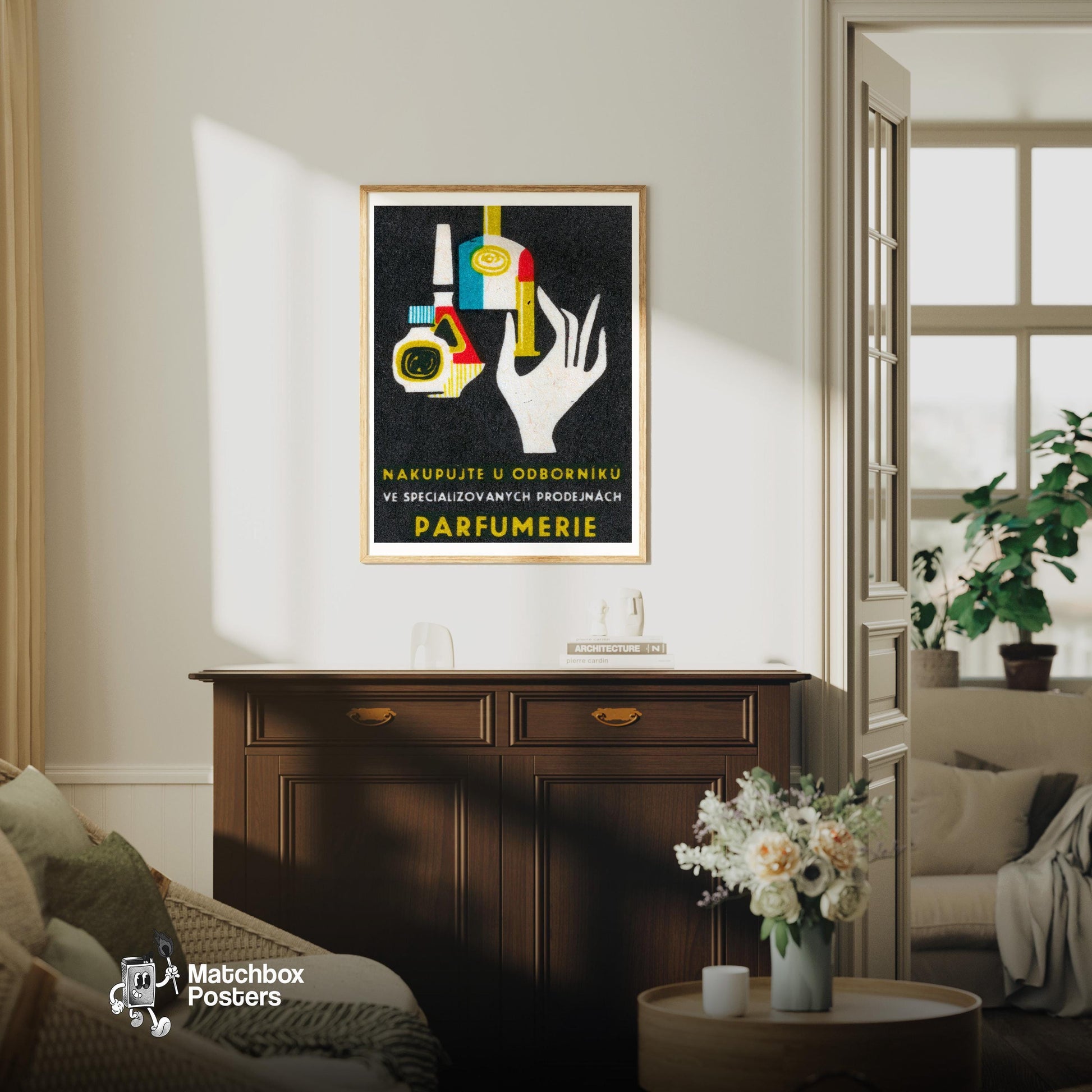 Stylized Hand Holding A Perfume Bottle - vintage matchbox label print - living room mockup