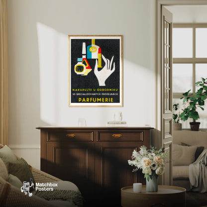 Stylized Hand Holding A Perfume Bottle - vintage matchbox label print - living room mockup
