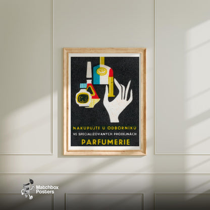Stylized Hand Holding A Perfume Bottle - vintage matchbox label print - bedroom mockup