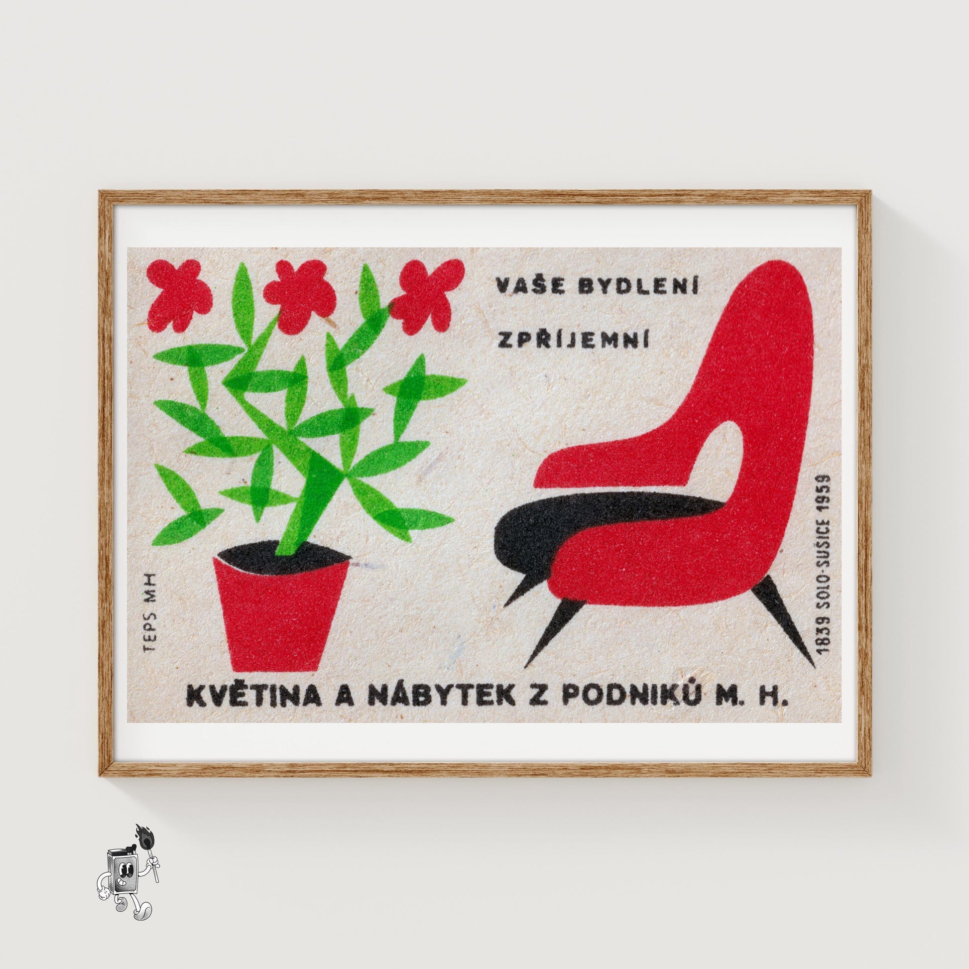 Red Flowers and Chair - vintage matchbox label print