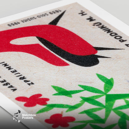 Red Flowers and Chair - vintage matchbox label print - close-up detail
