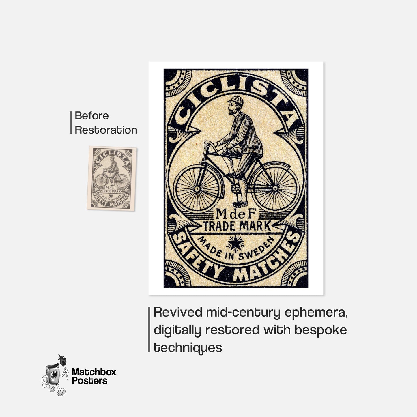 Vintage Cyclist - vintage matchbox label print - framed wall art preview