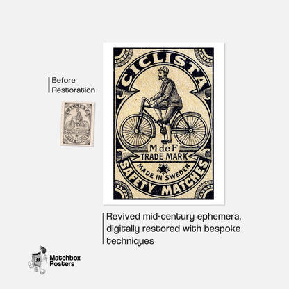 Vintage Cyclist - vintage matchbox label print - framed wall art preview