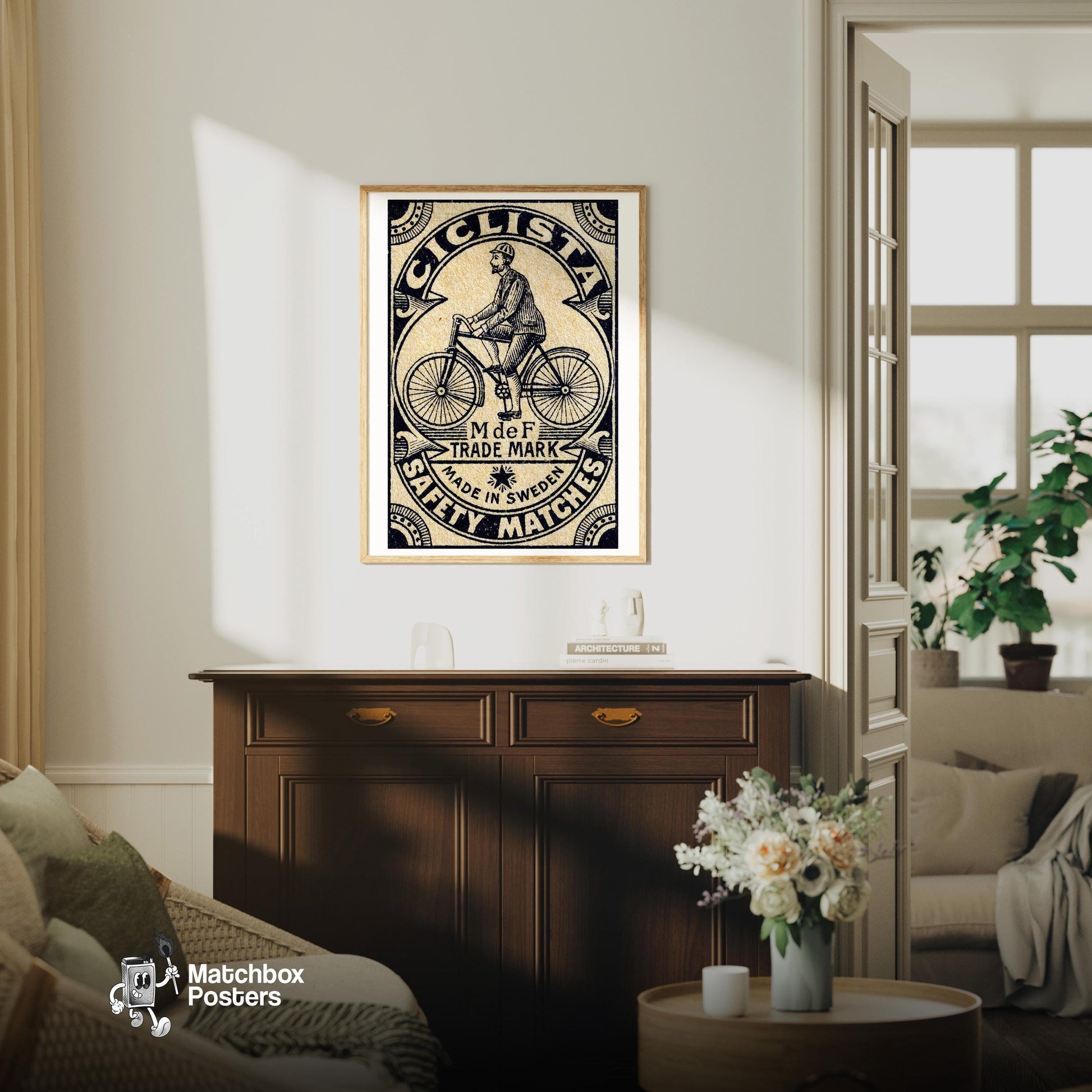 Vintage Cyclist - vintage matchbox label print - living room mockup