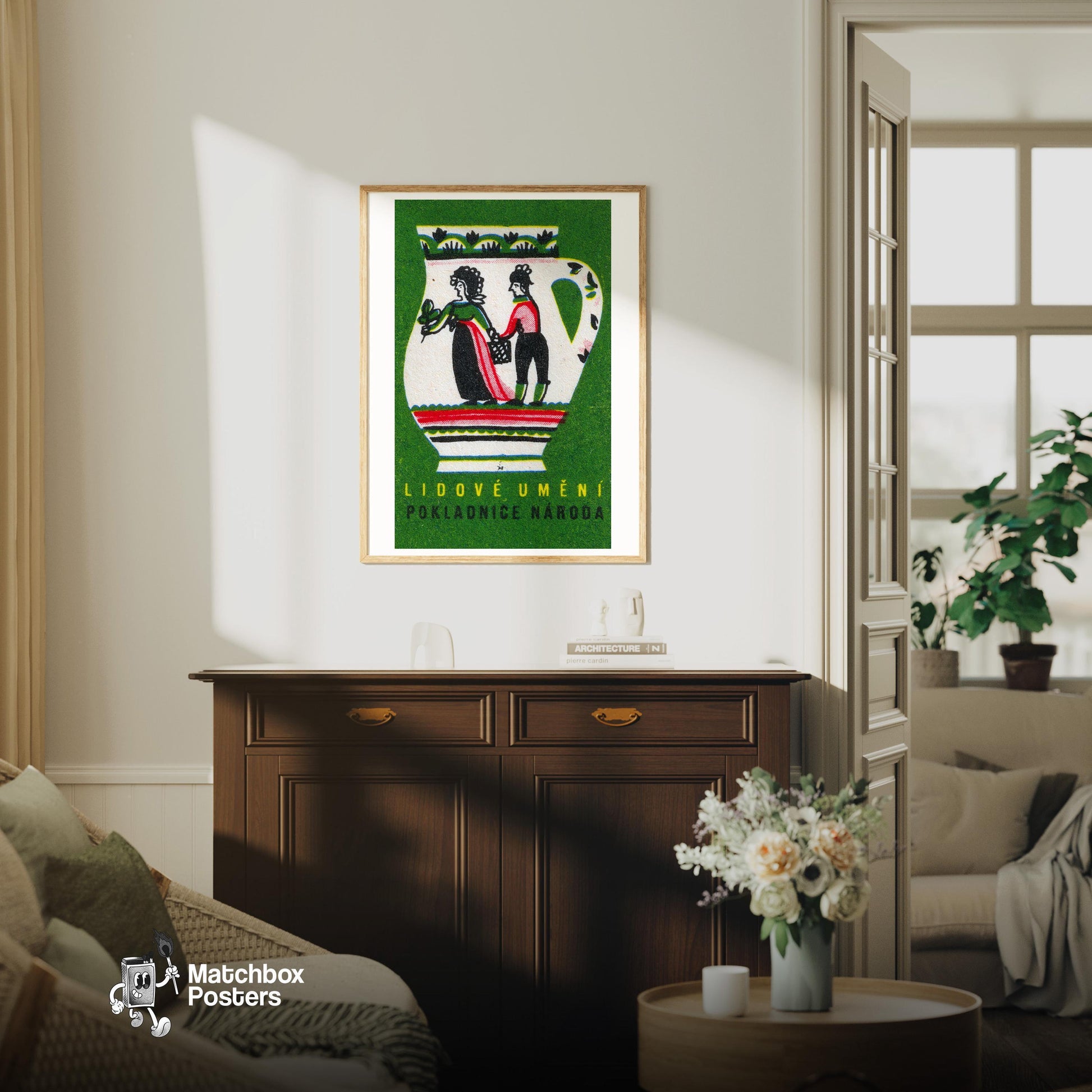 Folk Jug Design - vintage matchbox label print - living room mockup